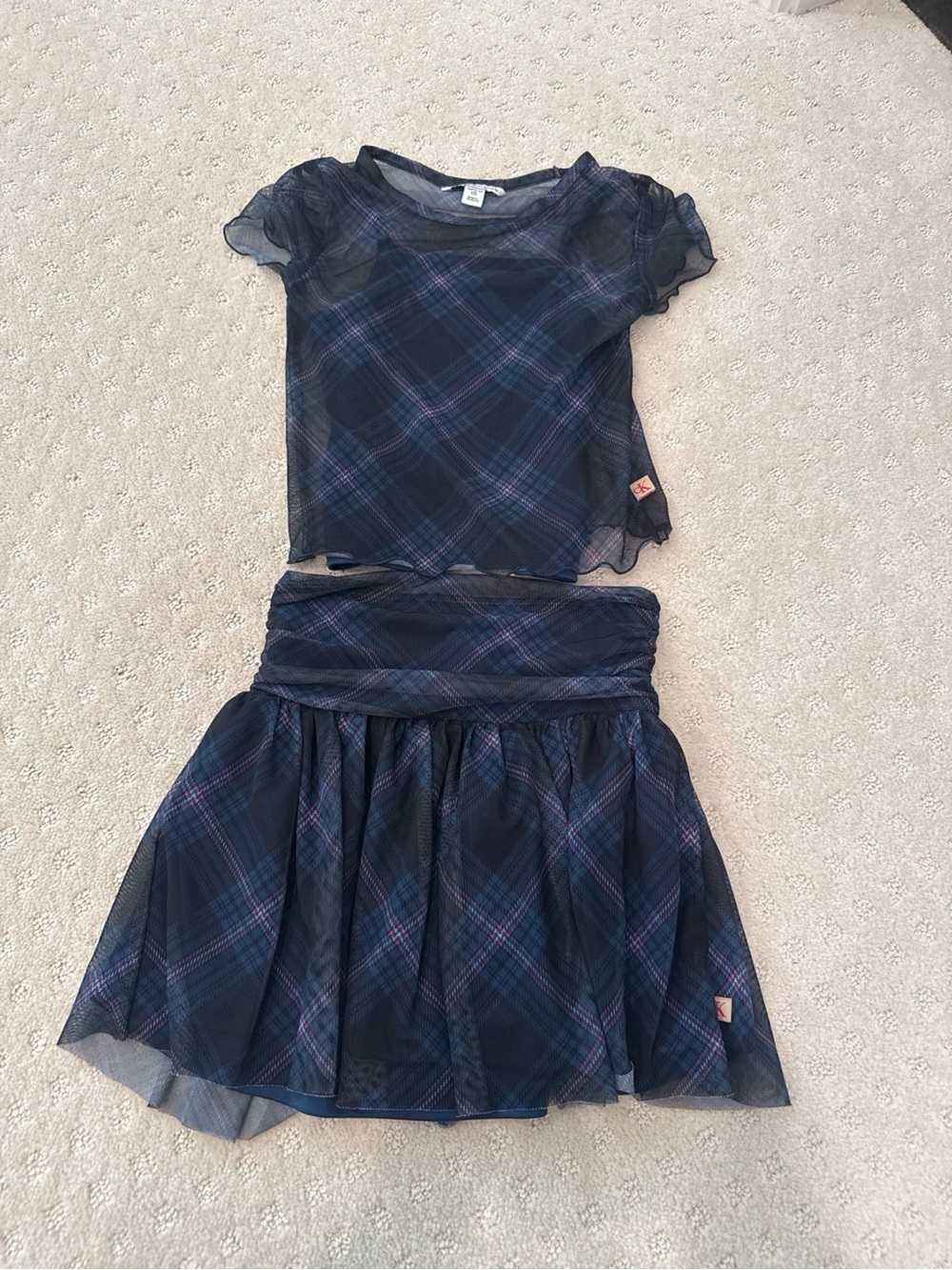 Calvin Klein Jeans Girls Navy Plaid Mesh Top & Skirt Set Size 7